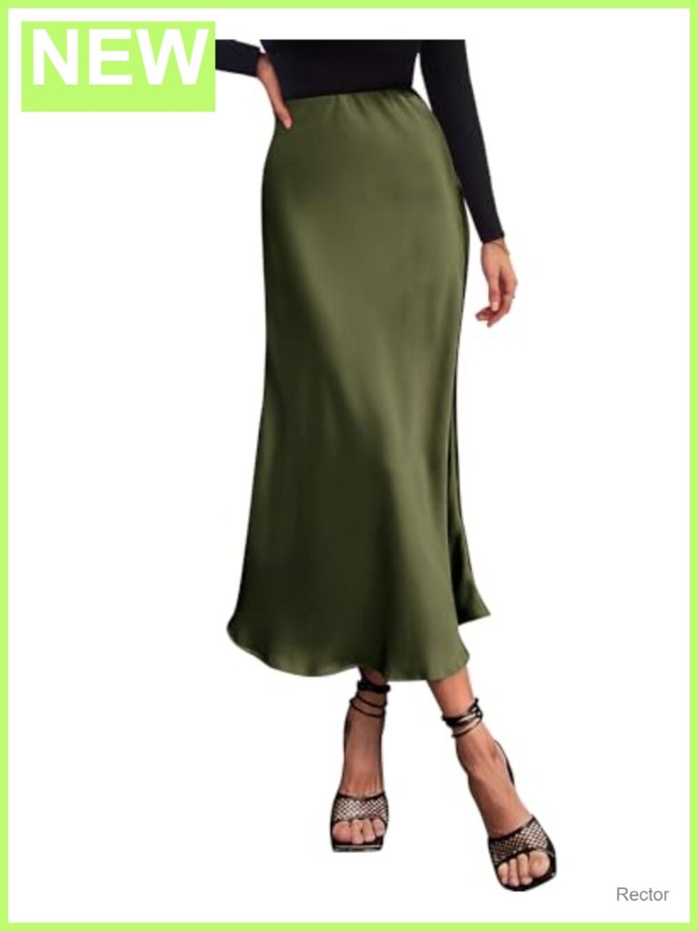 Satin High Waisted A-Line Midi Skirt Ruffle Hem Elastic Waist